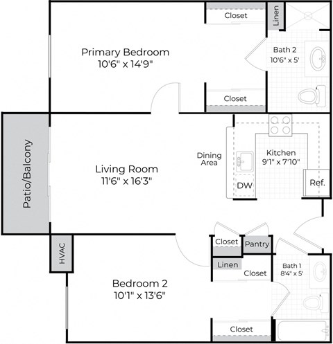 Floor plan for 2 beds, 2 baths, 894 sqft